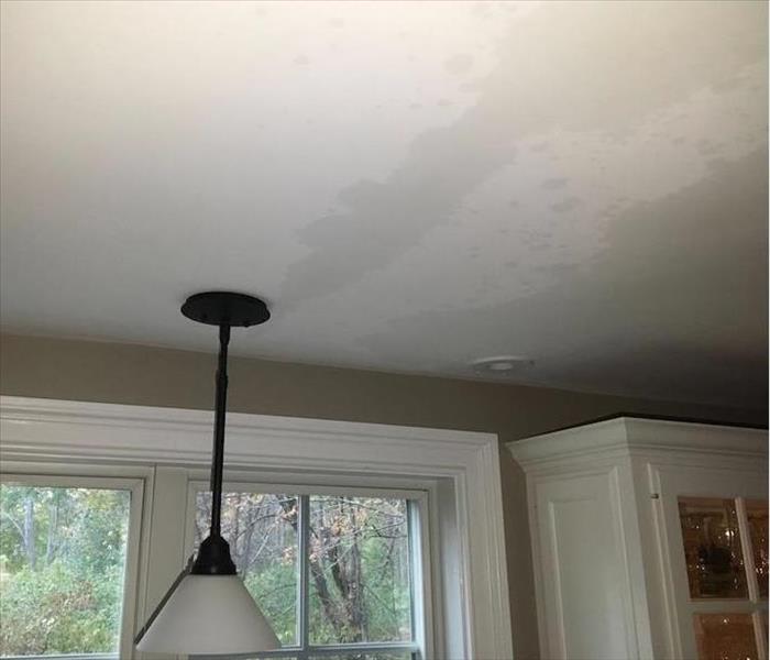 Water stains on the ceiling above a kitchen