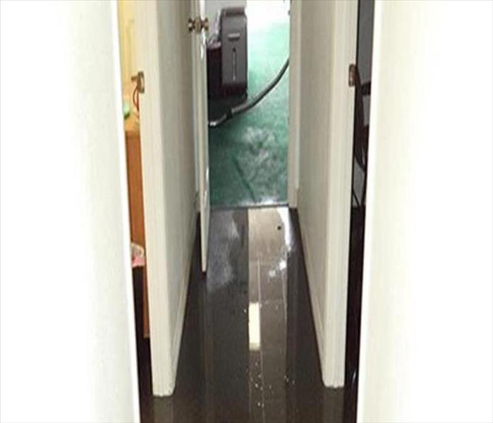 Door open in an office hallway with standing water on the floor