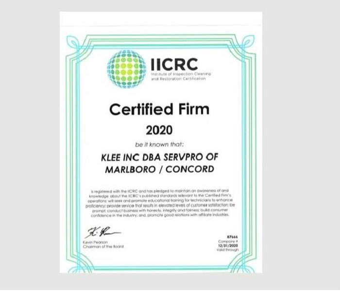 IICRC Certificate for SERVPRO of Marlboro / Concord