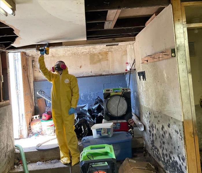 tech in PPE cleaning mold damage ceiling and walls
